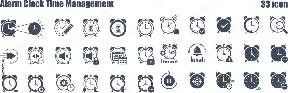 Fototapeta premium Diverse alarm clock icon set illustrating time organization, scheduling, and efficient management tasks
