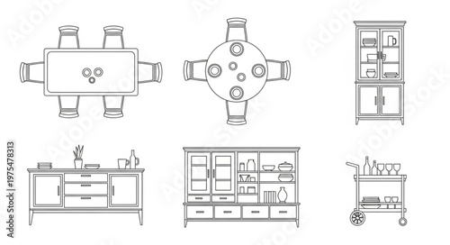 Detailed Furniture Layout - Dining Tables, Cabinets, and Sideboards.