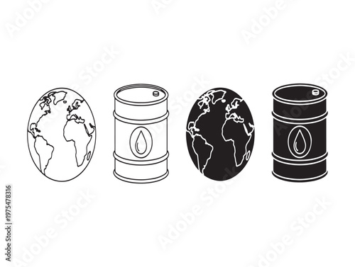 Four black and white illustrations of oil drums representing energy and industrial resources
