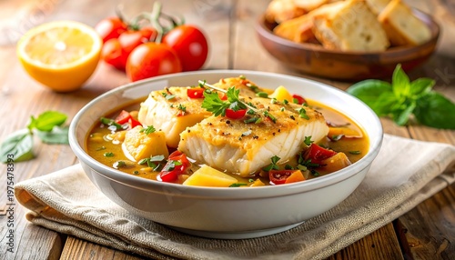 Creamy fish stew with vegetables, tomatoes, and bread on a wood surface