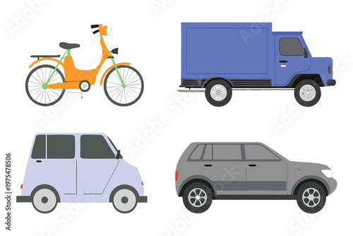 Colorful cartoon depiction of a bicycle and several different vehicles
