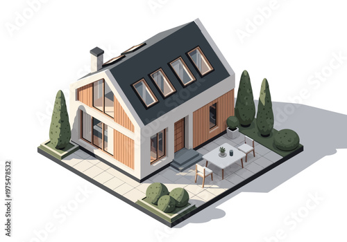 Charming contemporary house with a sloped roof and modern windows, featuring an outdoor patio and lush landscaping