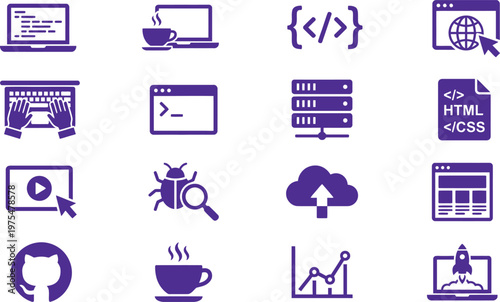 Essential set of developer tools and coding concept icons for modern digital interface design