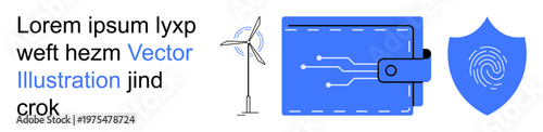Renewable energy, fintech, security, digital identity, eco-friendly solutions, and technology. Wind turbine, digital wallet symbol and shield with fingerprint. Renewable energy and fintech