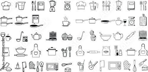 Extensive collection of outline icons representing various kitchen utensils and cooking preparation tools