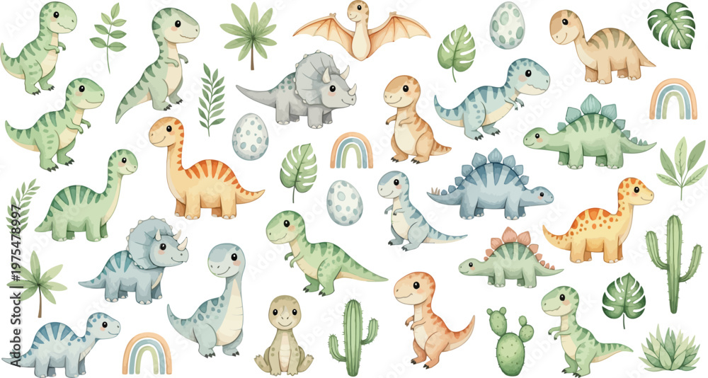 Obraz premium Colorful illustration of various dinosaurs and plants on a white background for kids and educational purposes