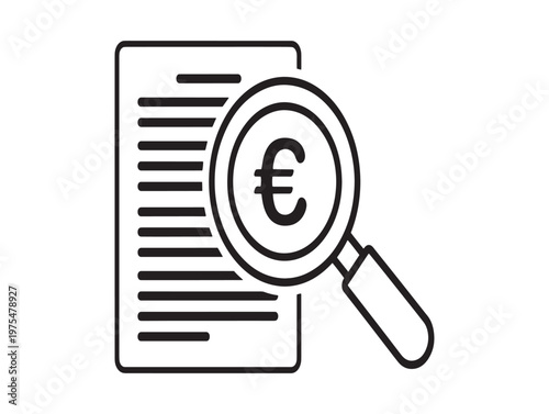 Title financial examination a magnifying glass inspects a document with a euro symbol description a black and white line art illustration depicts
