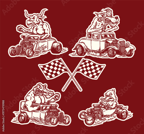 Vintage Animal Hot Rod Racing Mascot Illustration With Bull Dog Crocodile And Bird Driving Classic Cars With Checkered Flags