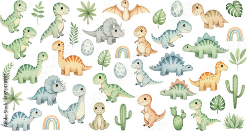 Colorful illustration of various dinosaurs and plants on a white background for kids and educational purposes