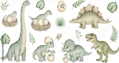 A collection of various dinosaurs and plants in a watercolor illustration for kids or educational materials