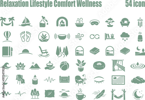 Extensive vector icon set representing relaxation, comfort, wellness lifestyle, and mental peace