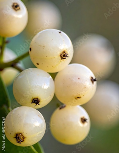 Creamy, spherical fruits clustered on a branch, bokeh background