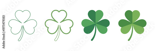 Four-leaf clover icon set, outline and flat styles, lucky shamrock symbols in green, Irish plant illustration for St. Patrick’s Day, decoration, stickers, and design projects, professional vector illu