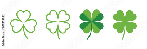Four-leaf clover icon set, outline and flat styles, lucky shamrock symbols in green, Irish plant illustration for St. Patrick’s Day, decoration, stickers, and design projects, professional vector illu
