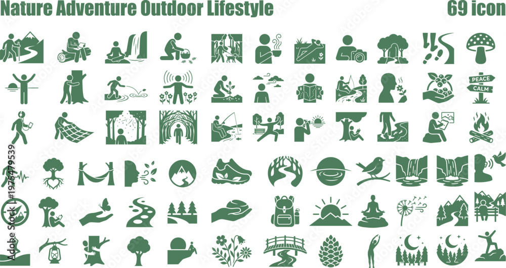 Obraz premium Large collection of glyph icons representing nature, outdoor activities, camping, hiking, and natural exploration elements