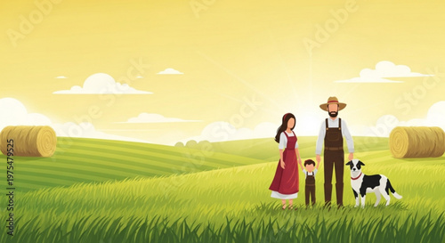 Family and dog on a farm standing in a green field with hay bales representing rural life and agriculture at sunrise