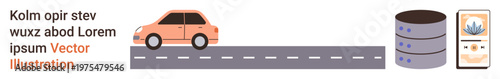 Future technology, autonomous vehicles, data storage, smart systems, connectivity, digital interfaces. Car driving on a road, database and smartphone. Autonomous vehicles and data storage concept