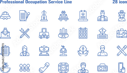 Professional occupation and service line vector icons representing various industries and essential job functions