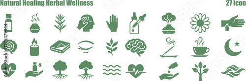 Set of herbal wellness icons featuring essential oils, plants, mind body connection, and natural remedies