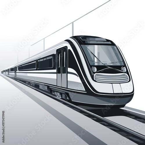 Modern passenger train speeding along tracks against a simple background illustration