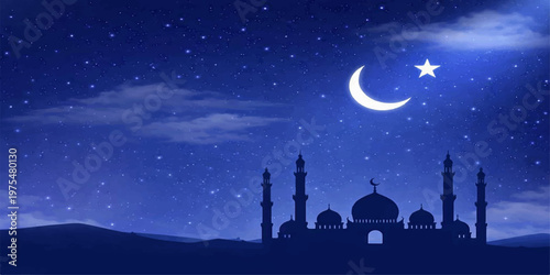 A vector illustration of a moon and mosque silhouette under a dark blue night sky with stars and clouds for an Eid Mubarak greeting card landscape