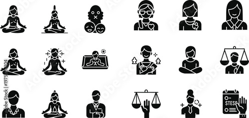 Various vector glyph icons illustrating emotional health, stress management, spiritual well being, and self improvement concepts