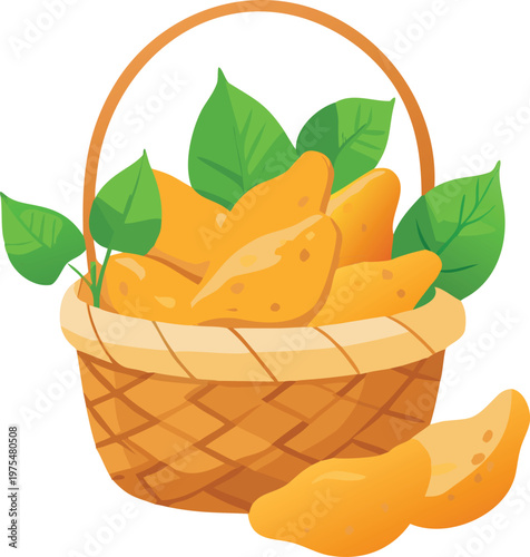 A woven basket overflows with ripe vibrant mangoes and leaves