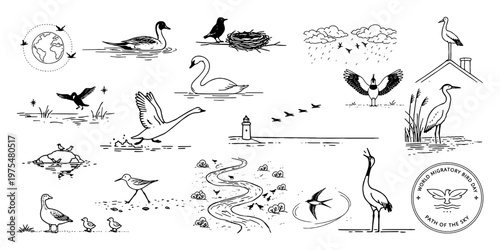 世界渡り鳥の日テーマのシンプル線画コレクション（自然・水辺・空）、Simple Line Illustration Collection for World Migratory Bird Theme (Nature, Wetlands, Sky)
