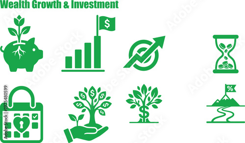 Wealth growth investment icons symbolizing financial planning, savings strategies, and long term monetary success