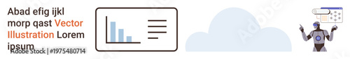 Data analysis, cloud computing, automation, artificial intelligence, digital transformation, futuristic technology. Bar graph and robot with digital icons. Data analysis and cloud computing