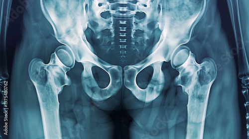 X-Rayed hip. X Rayed human hip with implants 