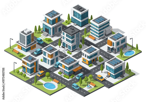 Modern isometric city with contemporary buildings, solar panels, and electric cars, showcasing sustainable urban development