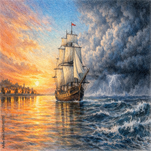 A vintage pirate schooner with tall masts and sails navigates the vast nautical ocean under a golden sunset sky on an old world travel adventure