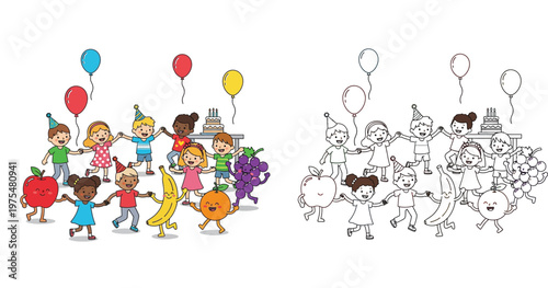 Children and Cute Fruit Characters Dancing at a Birthday Party with Balloons and Cake - Colorful Illustration and Line Art Coloring Page Set for Kids Healthy Lifestyle and Education