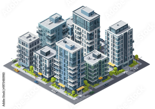 Isometric view of modern residential apartment buildings with street level details and landscaping