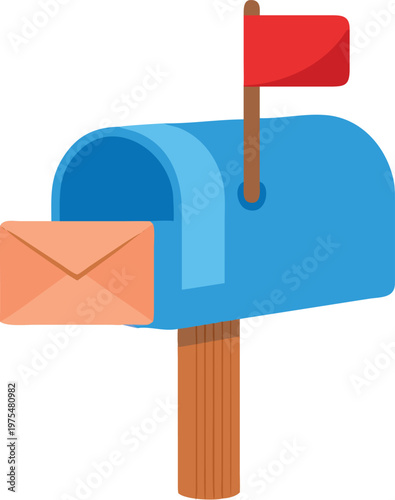 A blue mailbox with a red flag and awaiting letter delivery