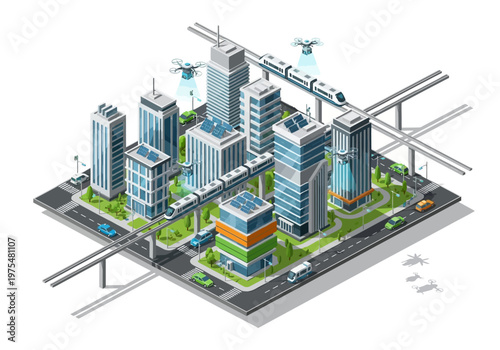 Futuristic city with drones, high-speed trains, and modern skyscrapers, symbolizing smart urban development and advanced technology