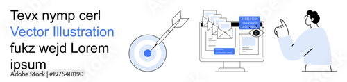 Business goals, email marketing, digital communication, strategy, user interaction, data management. A target with arrows, a computer interface and a person pointing. Business goals and email