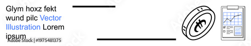 Cryptocurrency, fintech, blockchain, investment, economics, market analysis. A coin with crypto symbol and a financial chart pad. Cryptocurrency and fintech clearly