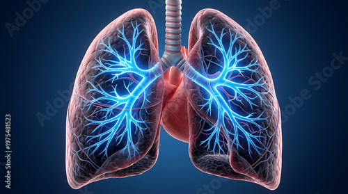 Vibrant Human Lungs with Glowing Blue Bronchial Tree. Respiratory System, Oxygenation, and Healthy Breathing Concept.