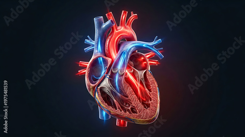 Vibrant 3D human heart anatomy illustration with glowing arteries and veins, showing internal structure on a dark background.