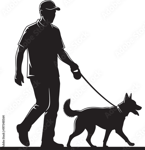 Black silhouette of man walking dog on leash, male pet owner with canine companion, professional dog walker service vector icon on white background