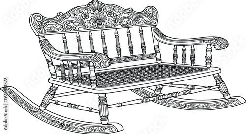 Ornate wooden rocking bench with intricate carved floral scrollwork details furniture