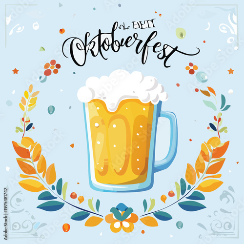 Oktoberfest celebration beer mug with floral wreath and festive decorations