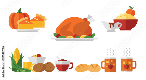 Assorted Thanksgiving feast foods and beverages.