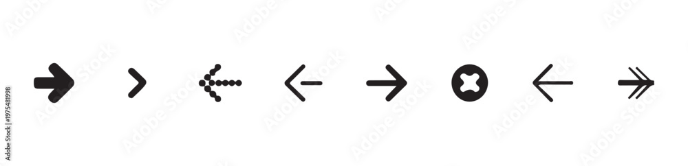 Obraz premium Variety of black arrow icons pointing right and left on white background for user interface elements
