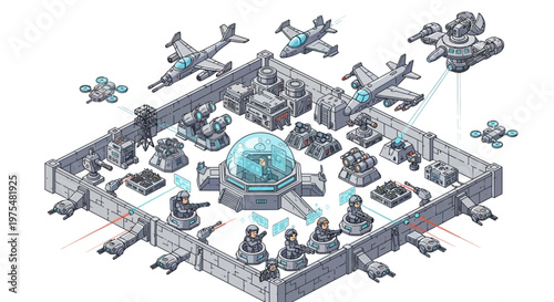 Isometric 3D military illustration depicting a fortified army base with defensive structures, fighter jets, and drones, rendered in a flat, top-down style against a white background