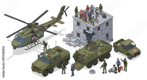 Photos Isometric 3D military design showcasing an army base strategy map with soldiers,