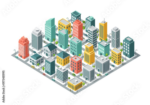 Isometric view of a bustling city with modern skyscrapers and residential buildings, creating a vibrant urban landscape