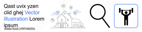 Smart home system, technology innovation, data search, fitness, online exploration, energy efficiency. House with connected icons, magnifying glass weightlifting symbol. Smart home and technology